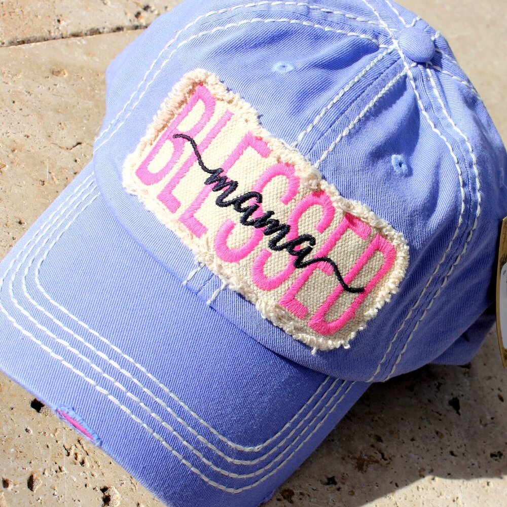 Womens BLESSED Mama Pink Vintage Ballcap Baseball Cap Hat in Distressed Purple
